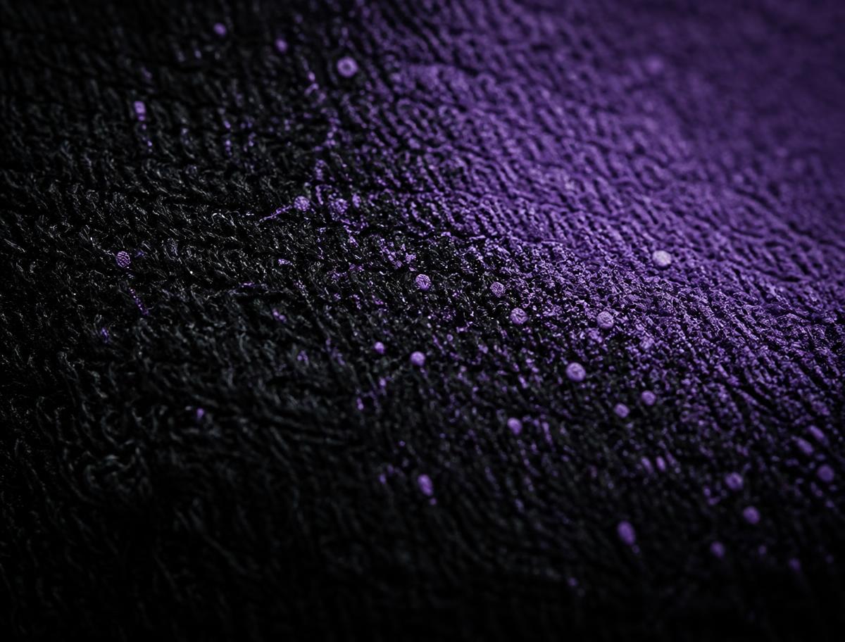 Macro del tejido de algodón pesado con partículas de pintura morada
